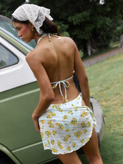 Fruit Halter Neckline Metal Detail Triangle Bikini Set With Sarong