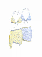 Reversible Floral & Gingham Halter Neckline Triangle Bikini Set With Cover Up Skirt
