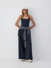 Cotton-blend Mid Rise Scoop Neck Twist Knotted Ruched Wide Leg Jumpsuit