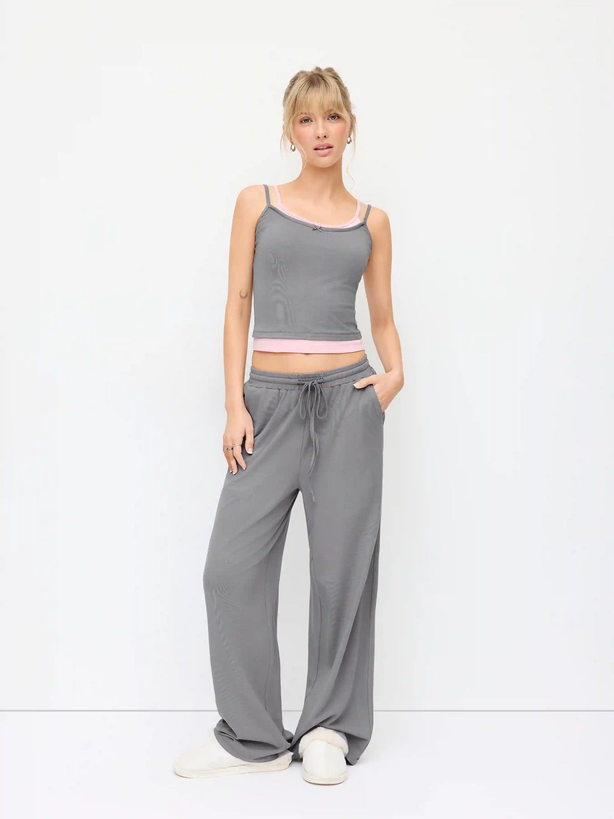 Scoop Neck Two Tone Layered Look Crop Cami Top & Low Rise Straight Drawstring Leg Trousers Set
