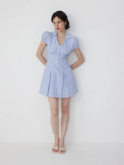 Cotton-Blend Striped Polo Neck Puff Sleeve Shirt Mini Dress