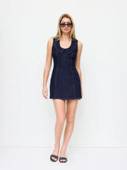 Stretch Washed Denim Collar Shirt Mini Dress