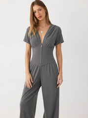 Ribbed V-neck Wrap Front Wide Leg Jumpsuit