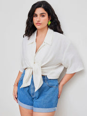 Linen-blend Collar Solid Short Sleeve Shirt Curve & Plus