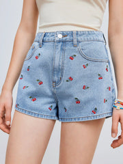 Cider Denim Mid Rise Cherry Embroidery Straight Leg Micro Shorts