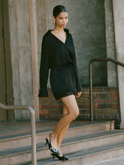 Satin Lace Panel Shirt Mini Dress