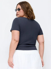 Cotton-blend Square Neck Lace Panel Ruched Bodysuit Curve & Plus