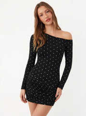 Cotton Polka Dot Asymmetrical Neck Ruched Mini Dress
