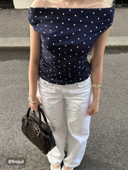 Cotton-blend Asymmetrical Neck Polka Dot Ruched Knotted Top