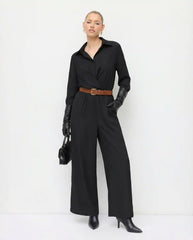 Collar Ruched Wide Leg Shirt Jumpsuit