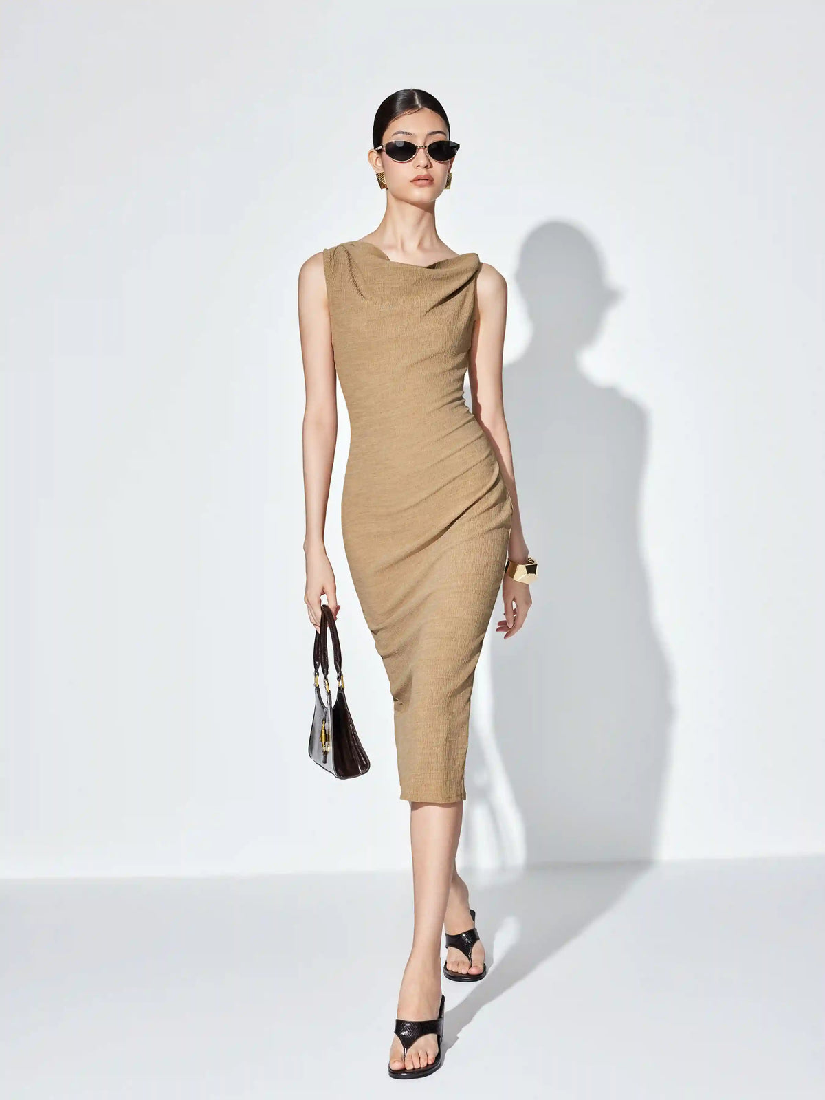 Textured Cowl Neck Bodycon Midi Dress