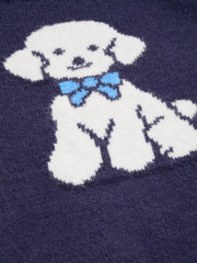 Dog Graphic Knit Asymmetrical Neck Long Sleeve Top