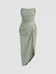 Solid Ruched Asymmetrical Tube Midi Dress