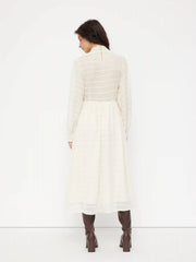 Textured Stand Collar Shirred Lantern Sleeve Maxi Dress