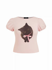 Cotton-blend Cat Print Boat Neck Puff Sleeve Top Curve & Plus