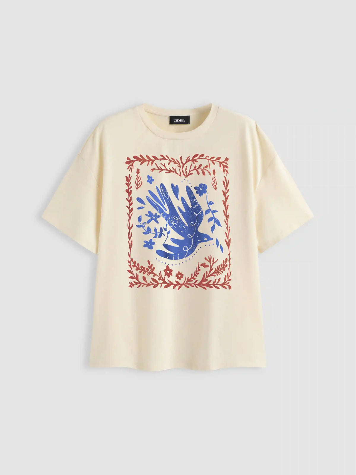 Camiseta de algodón mezclado, cuello redondo, floral y holgada