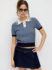 Knit Stripes Polo Neck Colorblock Short Sleeve Top