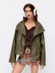 Faux Leather Collar Zip Through Oversized Jacket