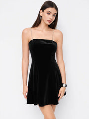 Velvet Square Neck Rhinestone A-line Mini Slip Dress