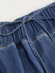Denim Mid Rise Drawstring Tiered Flared Maxi Skirt