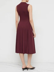 High Neck Solid Pocket Ruffle Midi Dress