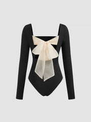 Square Neck Ruched Bowknot Bodysuit