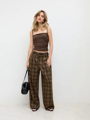 Mid Rise Checks Pocket Wide Leg Trousers With Belt