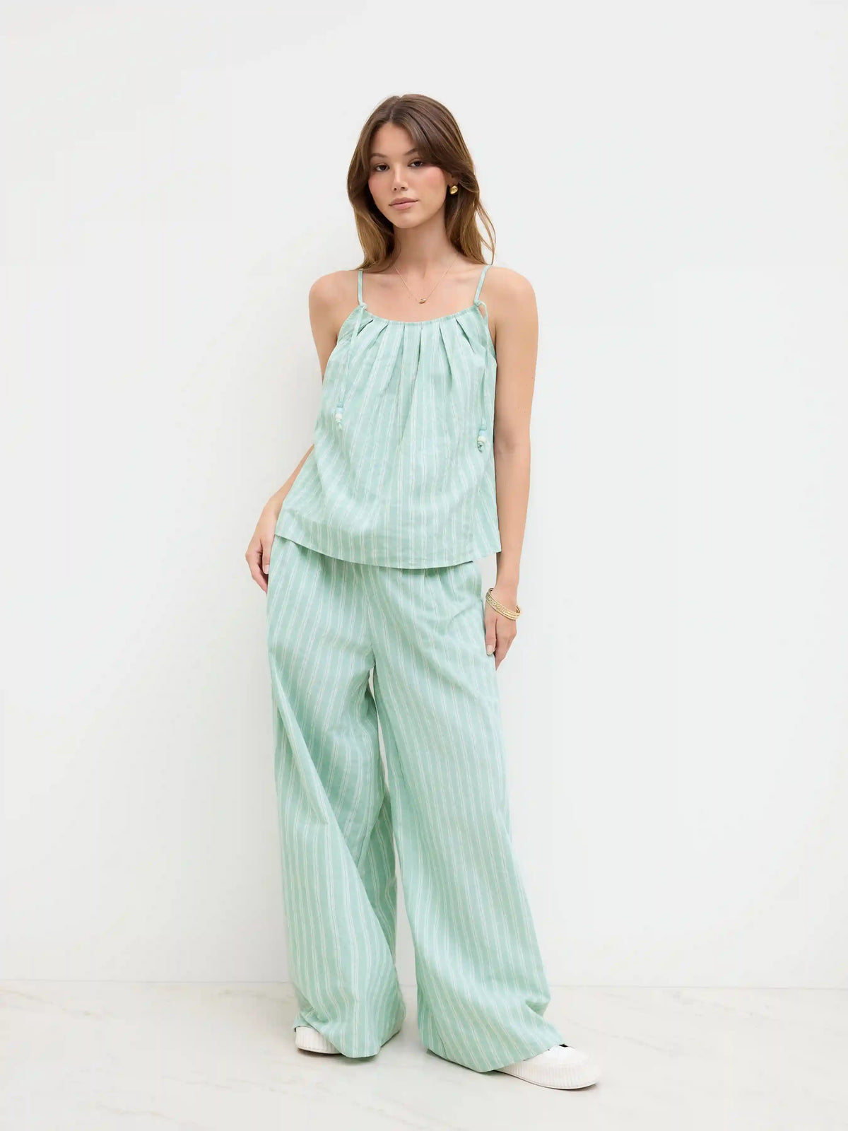 Cotton-blend Stripe Beaded Pleated Cami top With Mid Rise Straight Leg Trousers Set