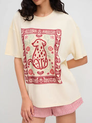 Cotton-blend Floral Dog Graphic Oversized Tee