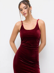 Velvet Scoop Neckline Ruched Maxi Dress