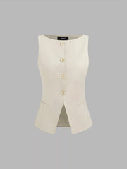 Woven Boat Neck Solid Button Vest