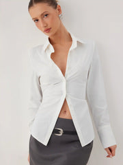 Stretch Cotton-blend Collar Button Long Sleeve Shirt