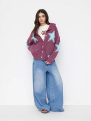 Knit Wool-blend Hooded Star Oversized Cardigan