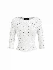 Cotton-blend Polka Dot Boat Neck Middle Sleeve Crop Tee