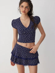 Cotton-blend Floral V-Neck Top & Low Rise Tiered Mini Skirt Set