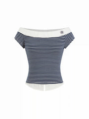 Cotton-blend Striped Asymmetrical Neck Short Sleeve Tee