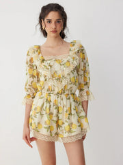 Chiffon Fruit Graphic Square Neck Lantern Sleeve Lace Romper