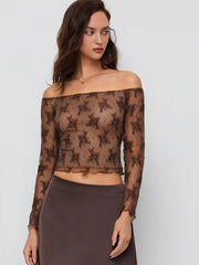 Lace Floral Off-shoulder Long Sleeve Lettuce Trim Top