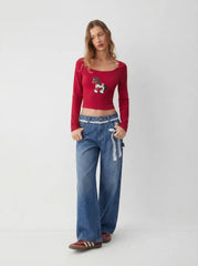 Washed Denim Low Rise Lace Bowknot Wide Leg Trousers