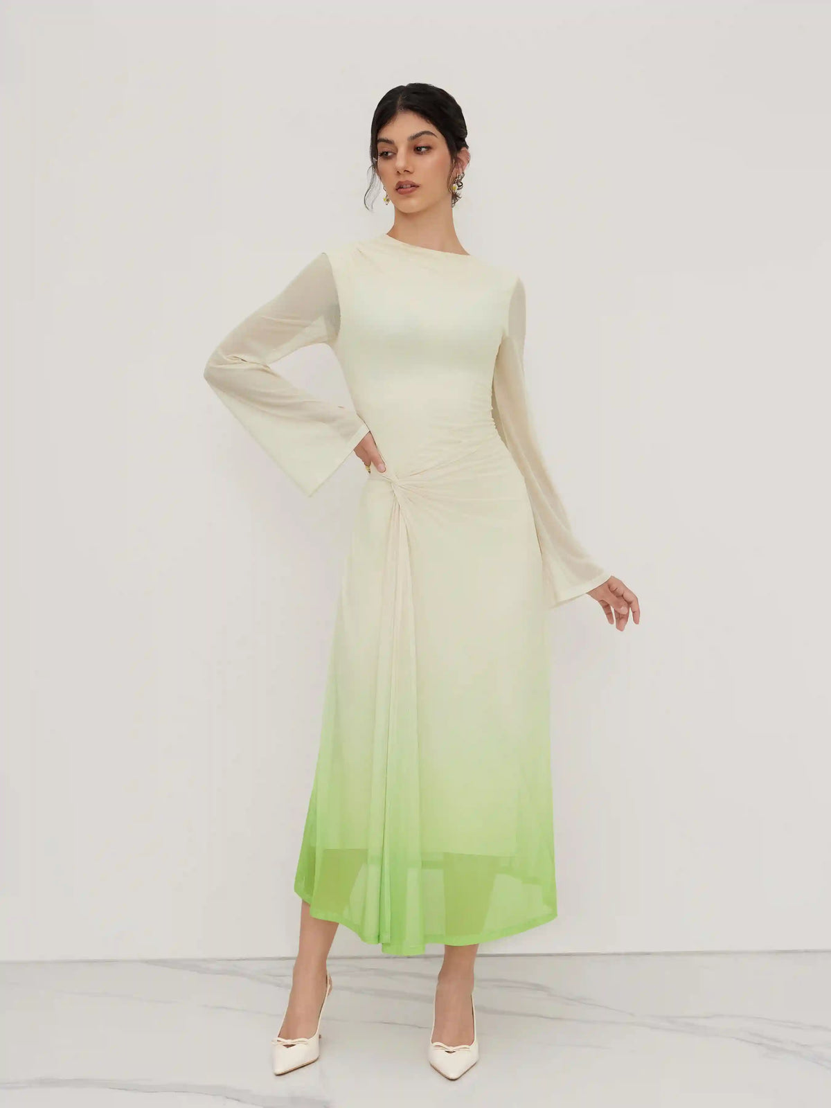 Mesh Asymmetrical Neck Gradient Twist Ruched Maxi Dress