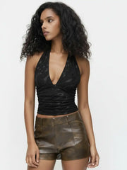 Mesh Halter Neck Ruched Sequin Crop Top