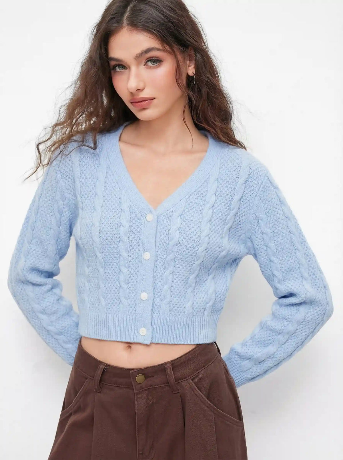 V-neck Cable Knit Button Cardigan