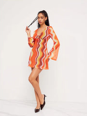 Mesh V-neck Abstract Wave Knotted Mini Dress