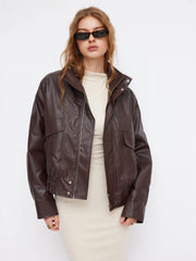 Funnel Neck Zip Through Faux Leather Bomber Jacket