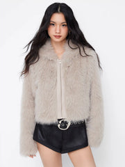 Faux Fur Hooded Zip Through Long Sleeve Jacket