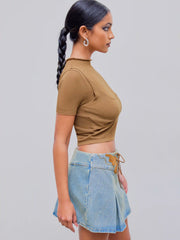 High Neck Solid Knitted Short Sleeve Top