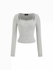 Cotton-blend Lace Trim Square Neck Long Sleeve Top