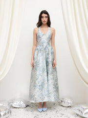 Jacquard Sculptural Halter Neckline Floral Maxi Dress