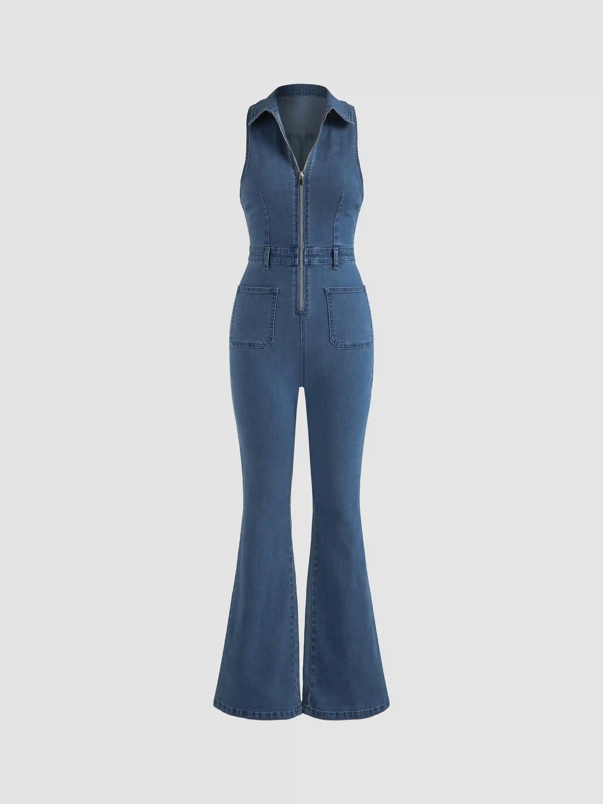 Denim Collar Flared Leg Jumpsuit