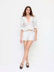 Cotton V-neck Middle Lantern Sleeve Ruffled Oversized Blouse